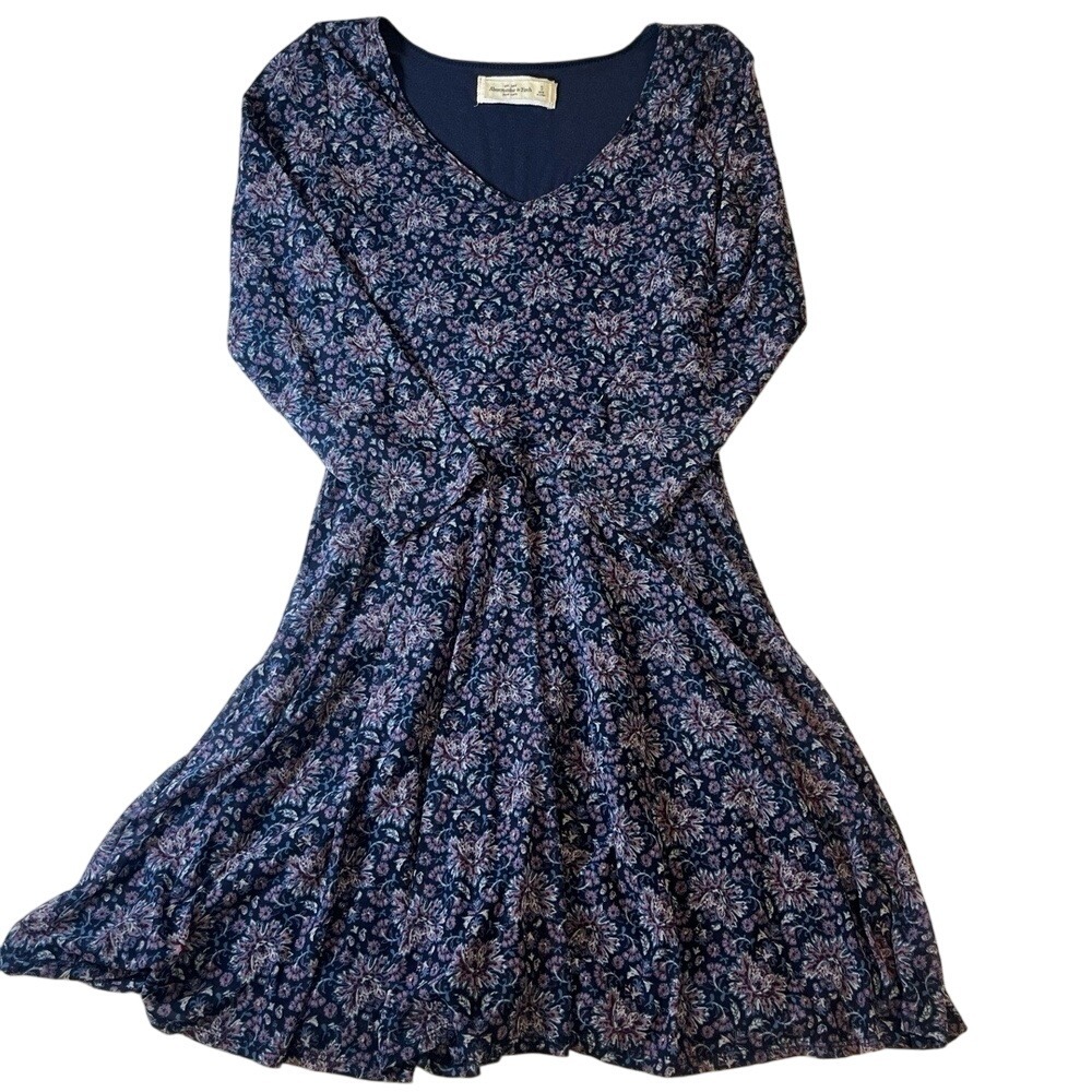Abercrombie & Fitch‎ Womens Small Navy Floral Long Sleeve Dress V-Neck Flowy
